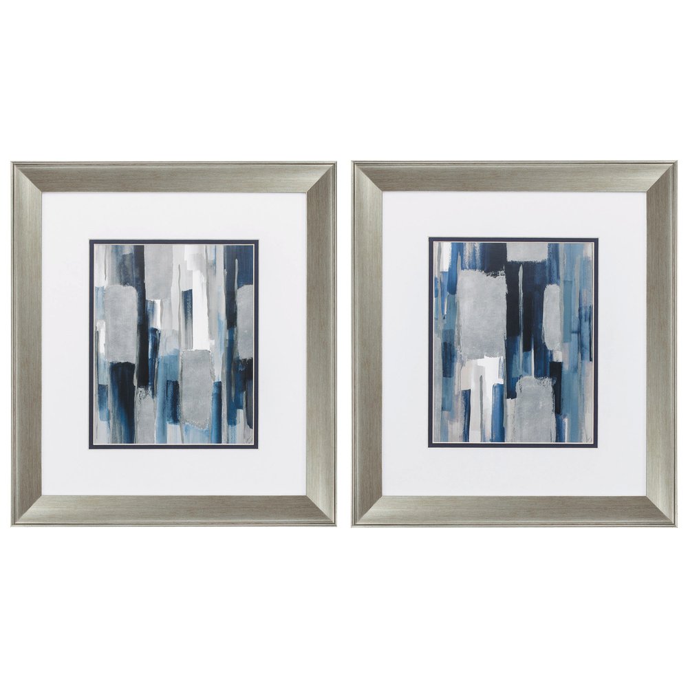 Set of Two Modern Blue Abstract Silver Framed Art