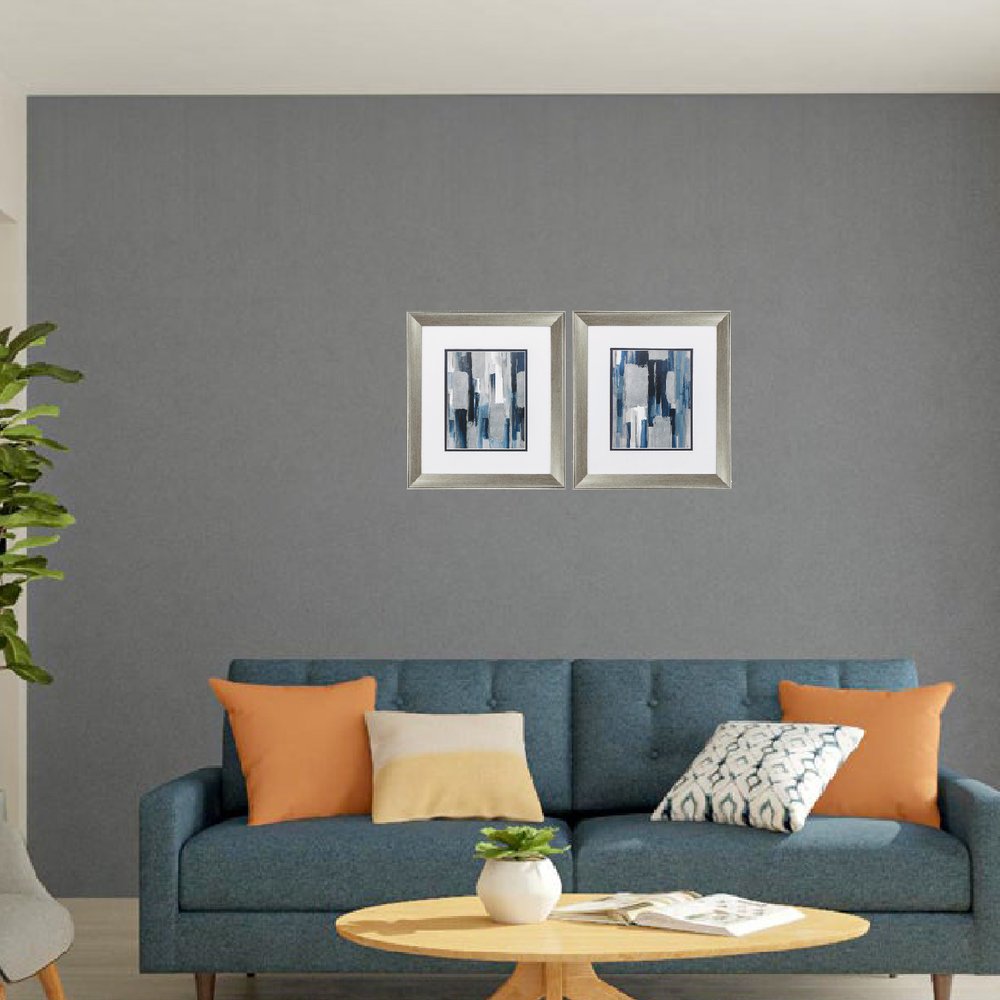 Set of Two Modern Blue Abstract Silver Framed Art