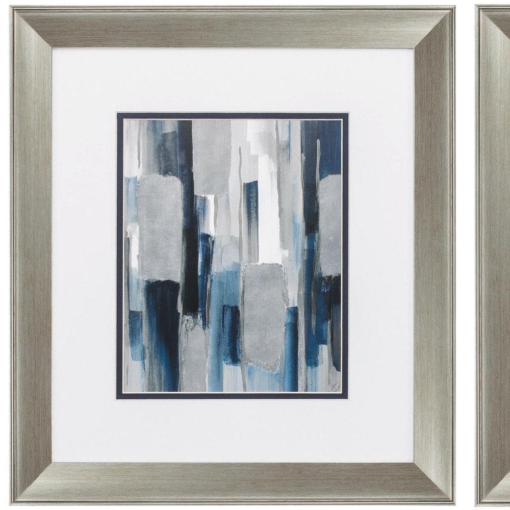 Set of Two Modern Blue Abstract Silver Framed Art
