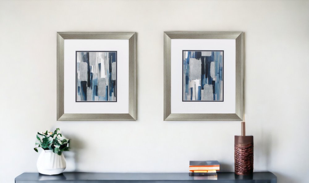 Set of Two Modern Blue Abstract Silver Framed Art